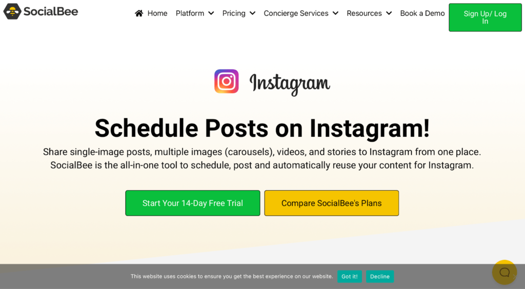 Página de destino de SocialBee para la programación de publicaciones de Instagram