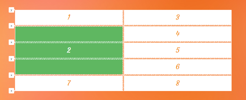 Una cuadrícula de 2 por 5 de rectángulos numerados blancos. Los elementos del segundo al cuarto de la primera columna son de color verde.