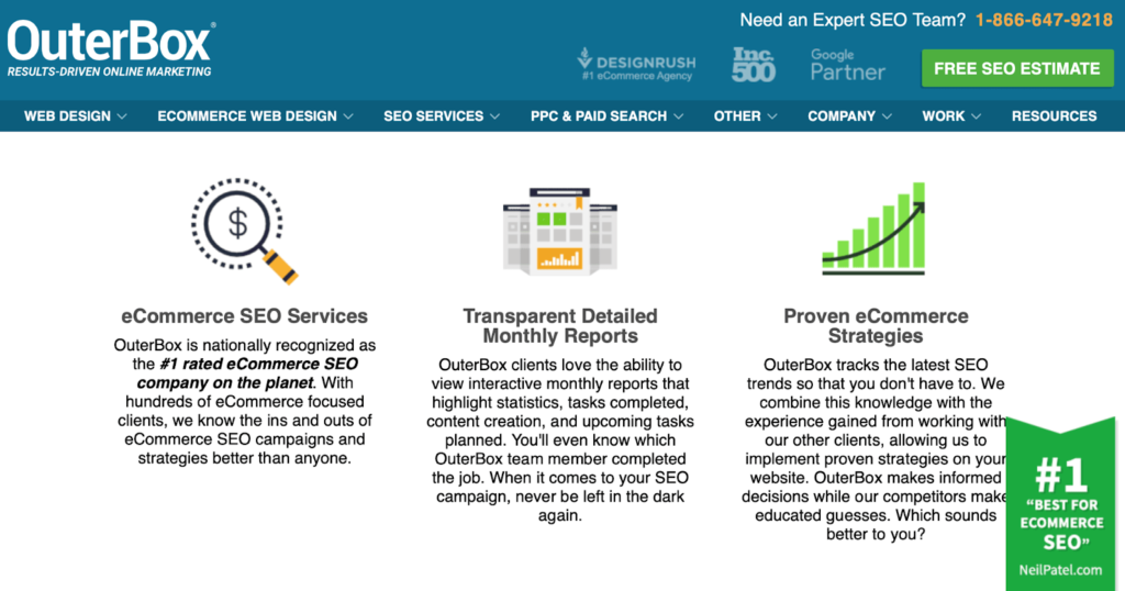 Una captura de pantalla de la página web de Outerbox SEO que presenta sus servicios de SEO de comercio electrónico, informes mensuales detallados y transparentes y estrategias comprobadas de comercio electrónico