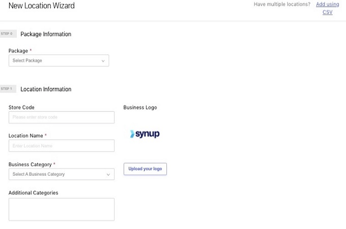 Synup local seo tool nueva pantalla del asistente de ubicación