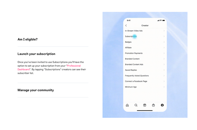 Captura de pantalla de la página de funciones de suscripción de Instagram