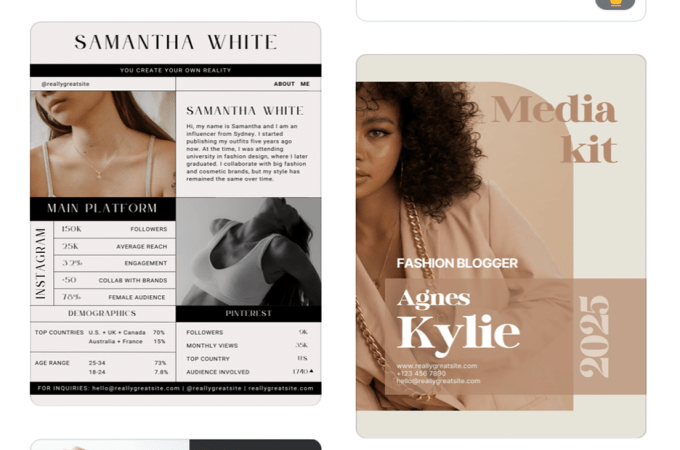 Captura de pantalla de Canva con ejemplos de cómo se ve un kit de medios profesional.