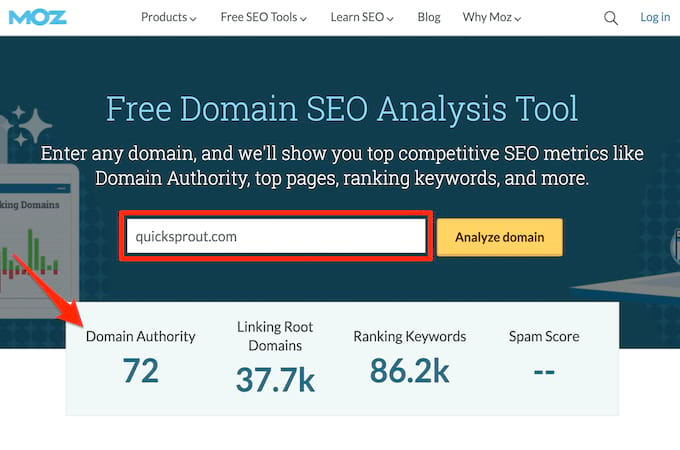 Captura de pantalla de la página web de Moz Free Domain SEO Analysis Tool.
