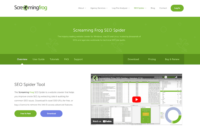 Una captura de pantalla de la página de inicio de Screaming Frog.