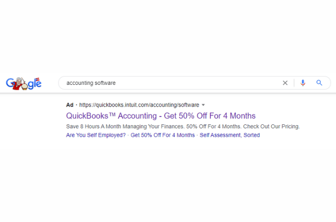 Captura de pantalla del texto de Google Ads para el término de búsqueda "Programa de contabilidad"