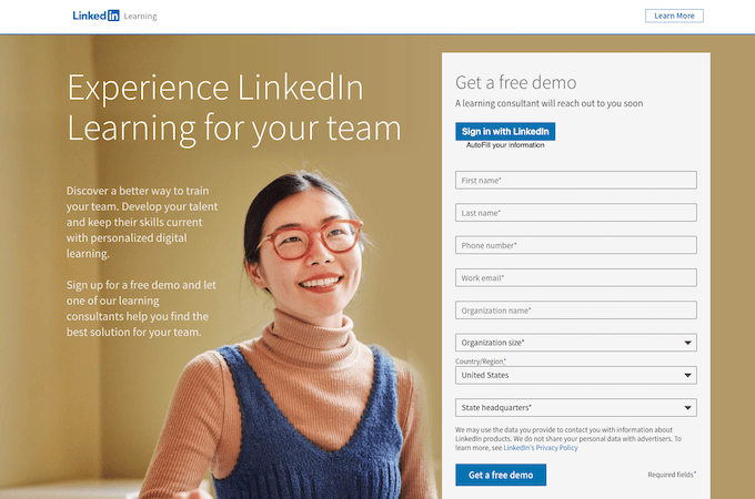 Captura de pantalla de la página de destino de LinkedIn Learning.