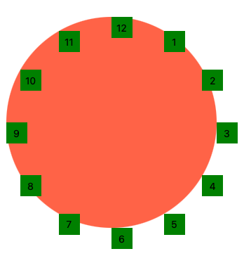 Un gran círculo de tomate con etiquetas de número de hora descentradas a lo largo de su borde.