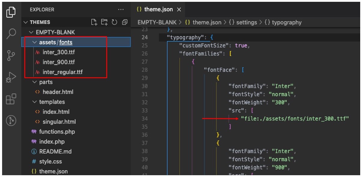 VS Code File Explorer a la izquierda que muestra los archivos de fuentes Inter;  theme.json a la derecha que muestra las referencias de Inter.