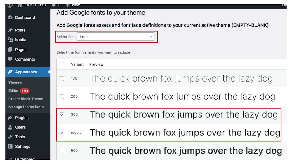 Agregue Google Fonts a su pantalla de tema con Inter seleccionado e ingrese muestras debajo de las diferentes variaciones de peso.