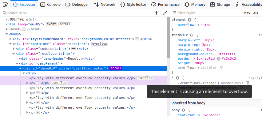 Ícono de desbordamiento de Firefox DevTools ubicado en el panel HTML