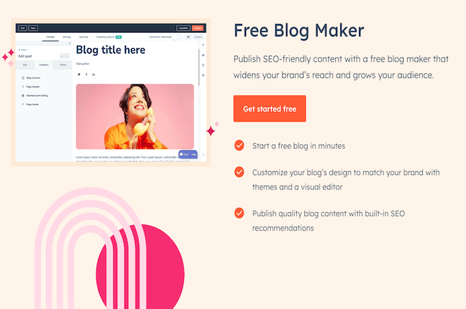 Página de destino de blogs gratuitos de HubSpot con un botón naranja para comenzar de forma gratuita. 