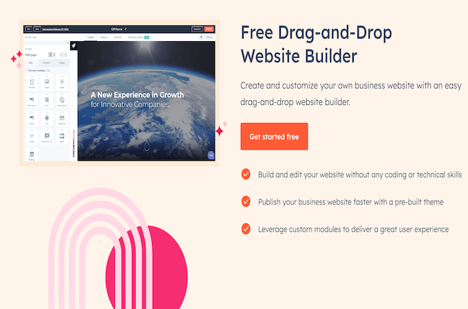 El creador de sitios web de HubSpot arrastra y suelta la página de destino con un botón naranja para comenzar de forma gratuita. 