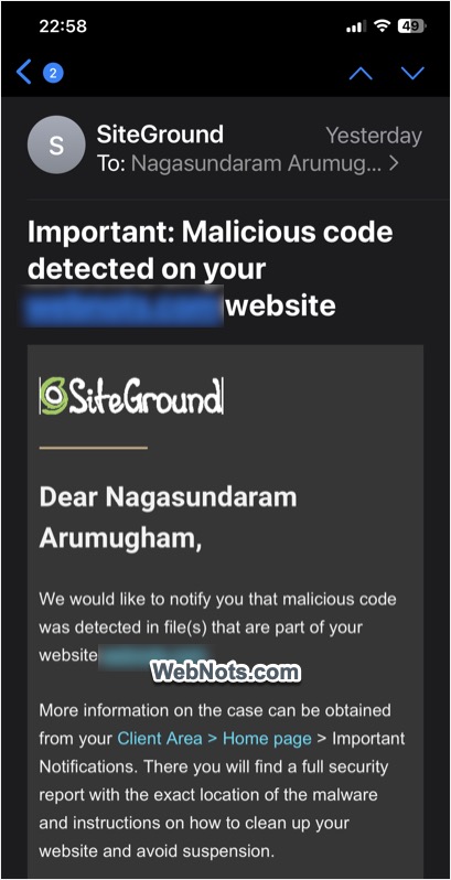 Correo electrónico detectado por malware de SiteGround